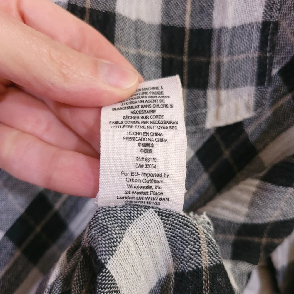 Free People Plaid Lace Up Shoulder‎ Snap Front High Low Shirt Black White Small